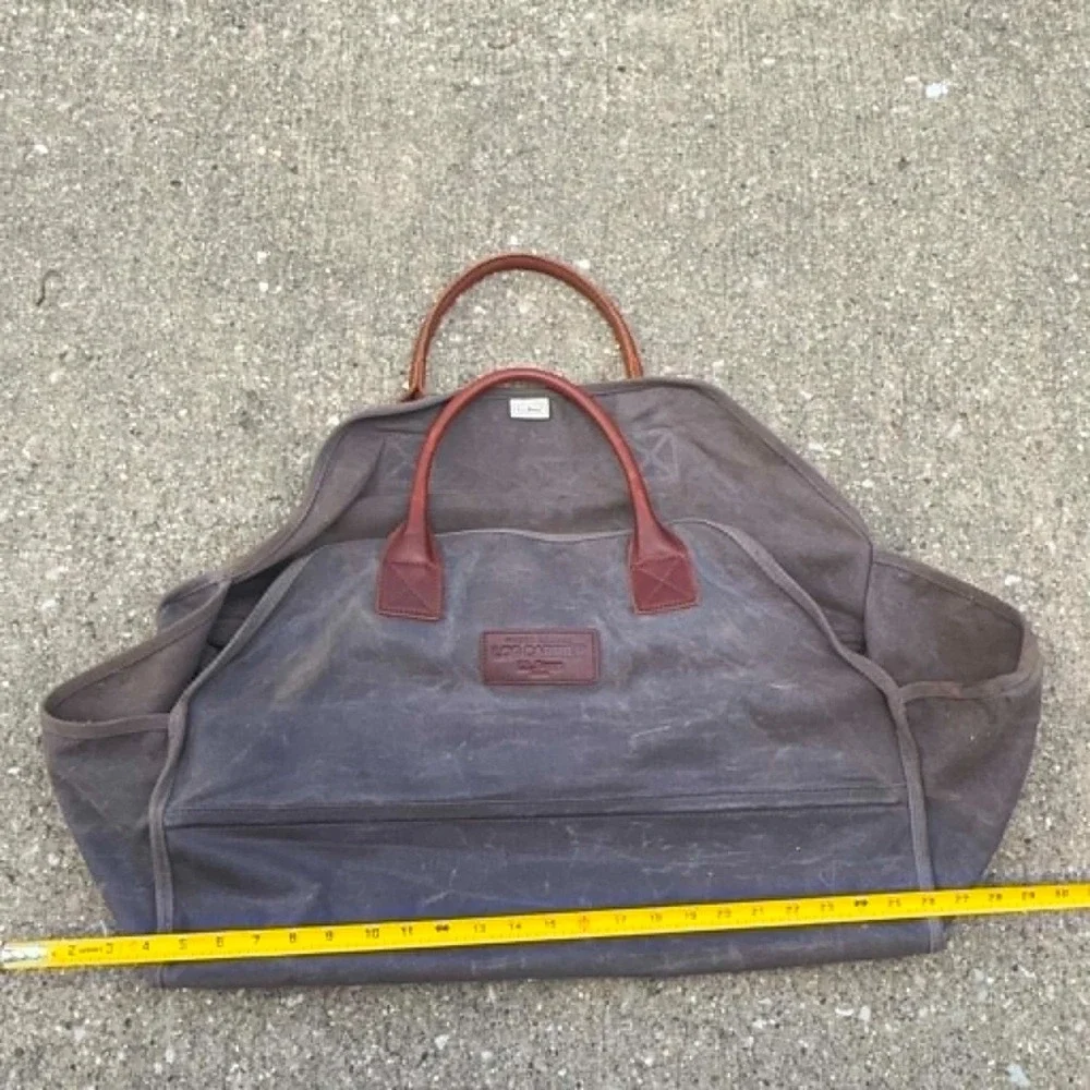 L.L.Bean Waxed Canvas Log Carrier Firewood Tote Leather Handles Brown Wood Carry